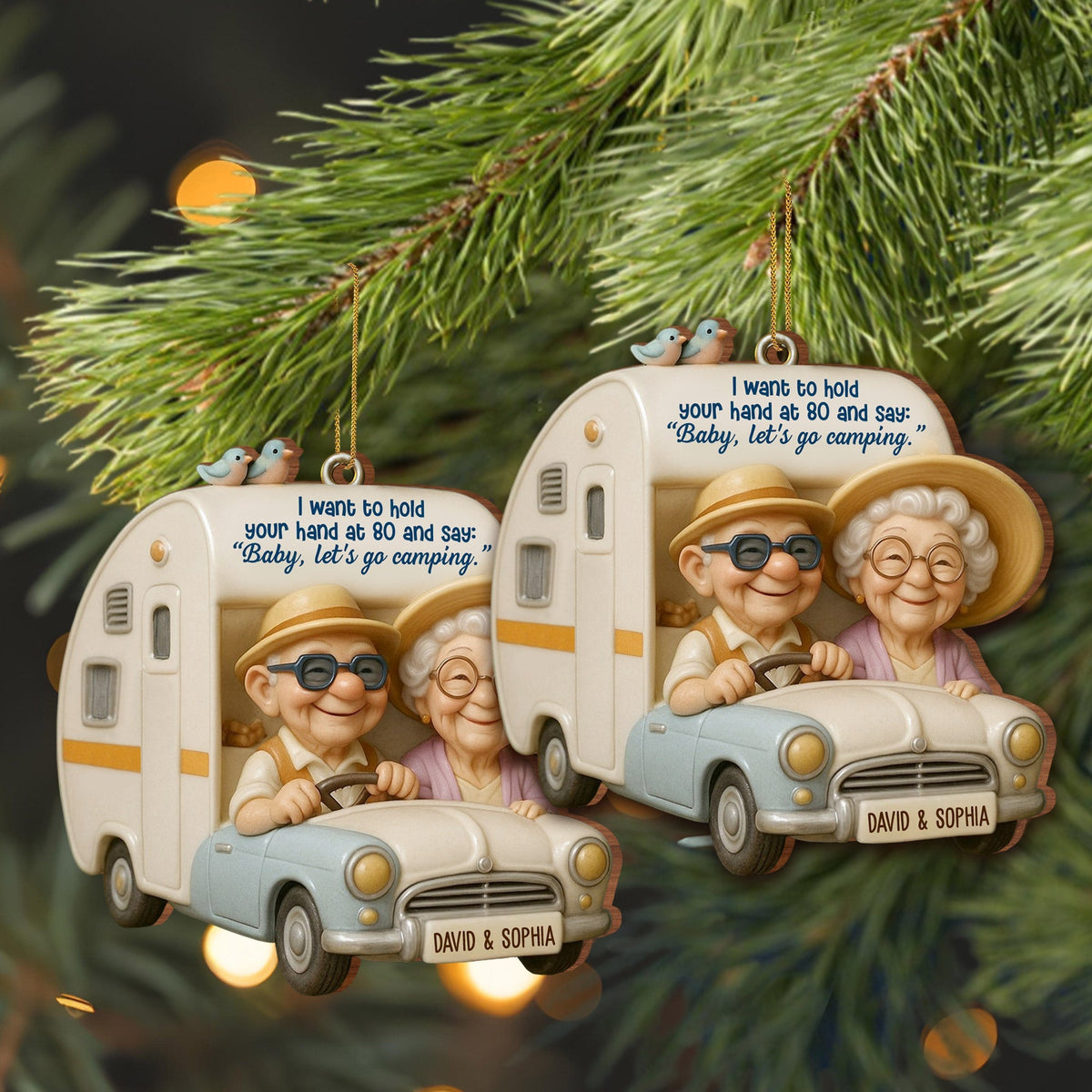 Hold Your Hand At 80, Baby Let’s Go Camping, Custom Wood Ornament, Gift For Elderly Couples