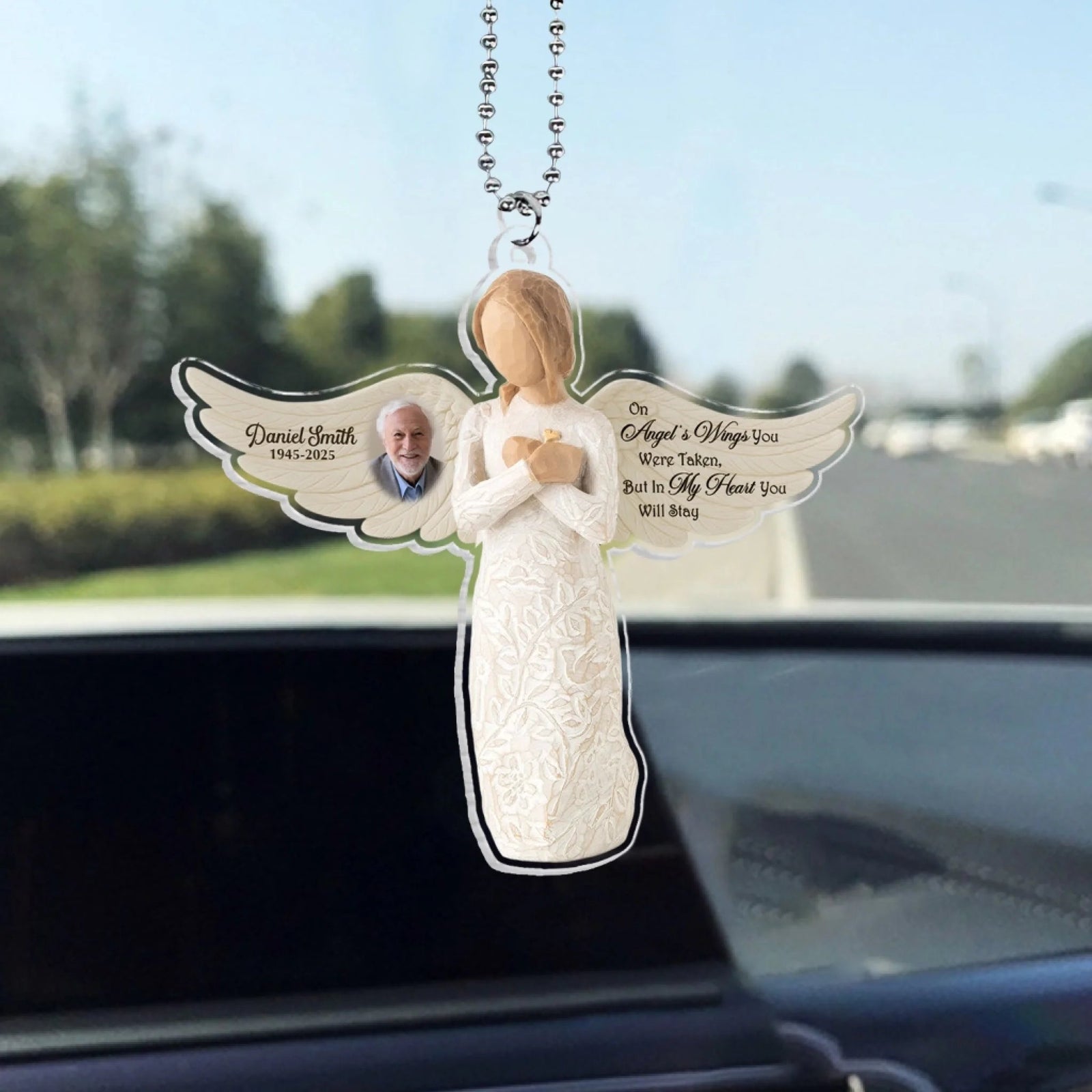 On Angel's Wings You Were Taken, But In My Heart You Will Stay - Personalized Acrylic Car Hanger, Remembrance Angel, Memorial Gift