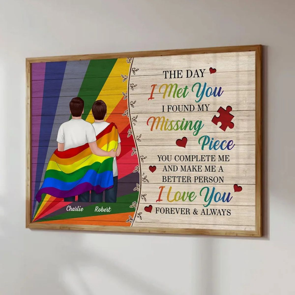 Colorful Wood Pallets The Day I Met You LGBTQ Couple Hugging Flag Personalized Poster, Pride Month Gift