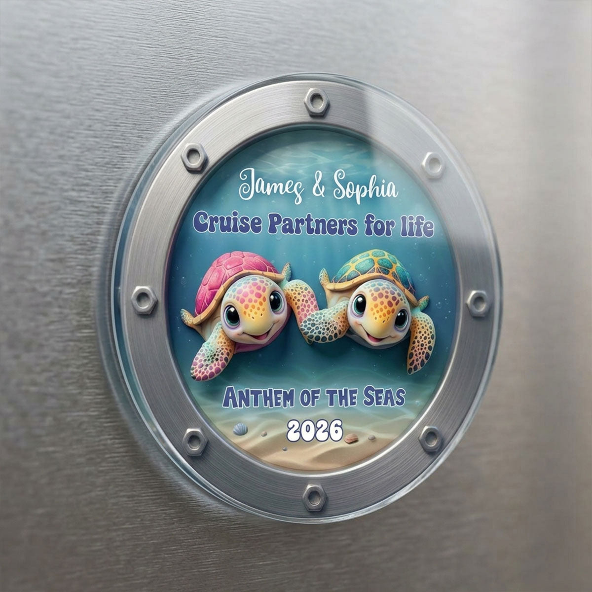 Happy Sailing Turtle Couple Personalized Cruise Ship Door Magnet