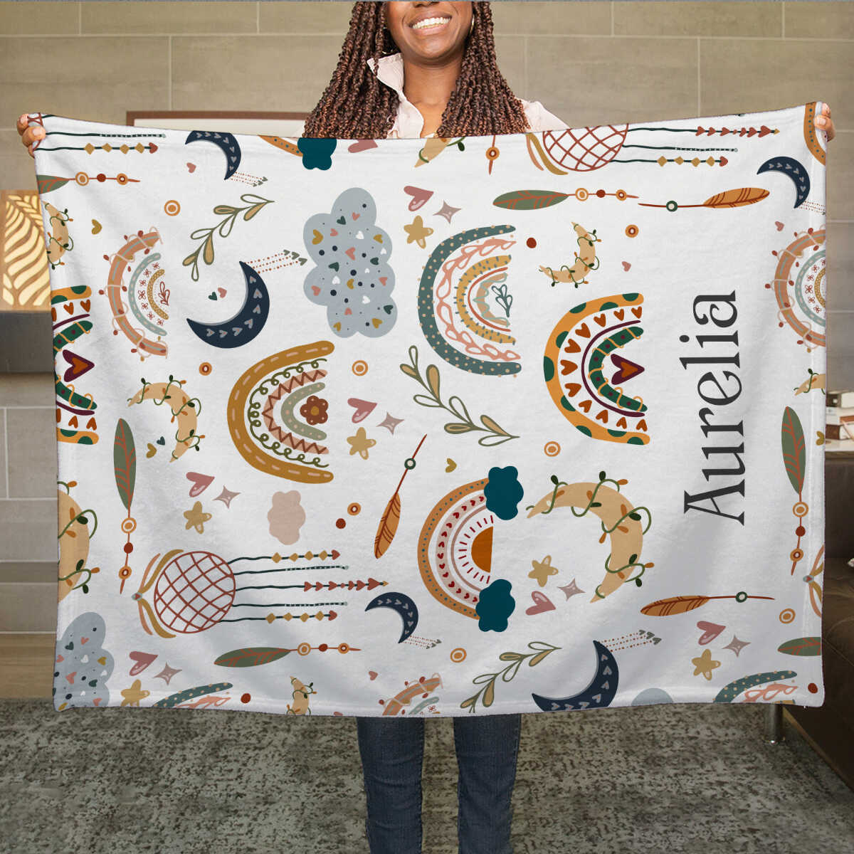 Personalized Toddler Blanket – Custom Name Boho Rainbow Baby Blanket, Unique Baby Shower Gift for Newborn & Kids