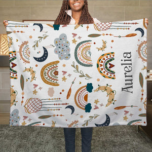 Personalized Toddler Blanket – Custom Name Boho Rainbow Baby Blanket, Unique Baby Shower Gift for Newborn & Kids