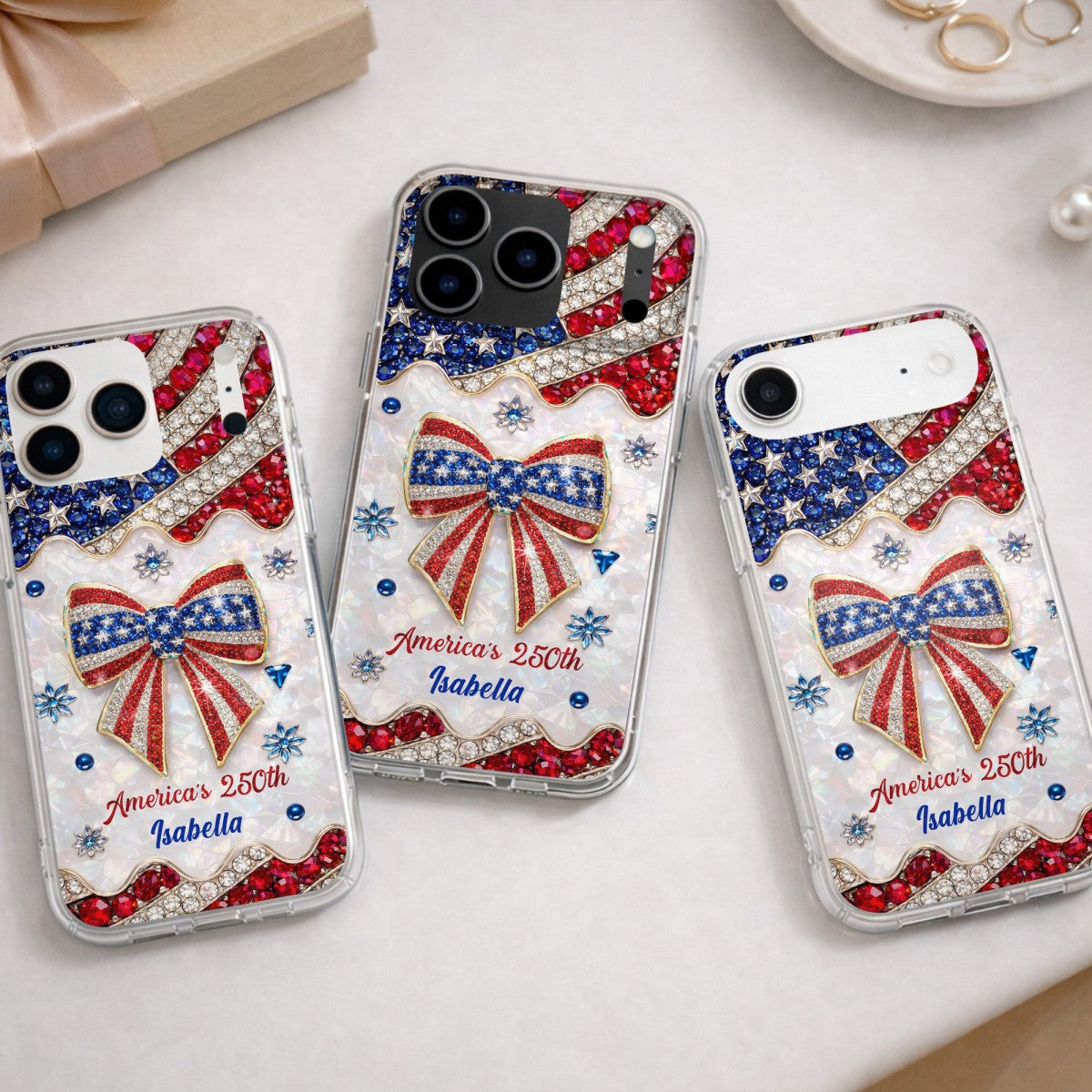 4th of July America's 250th Flag & Bow Personalized Phone Case