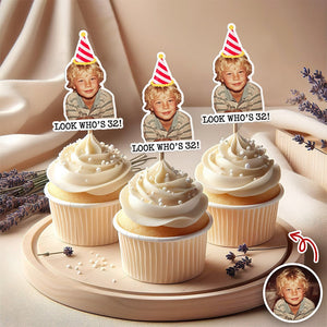 Funny Birthday Party Decor – Custom Retro Childhood Photo Personalized Cupcake Topper