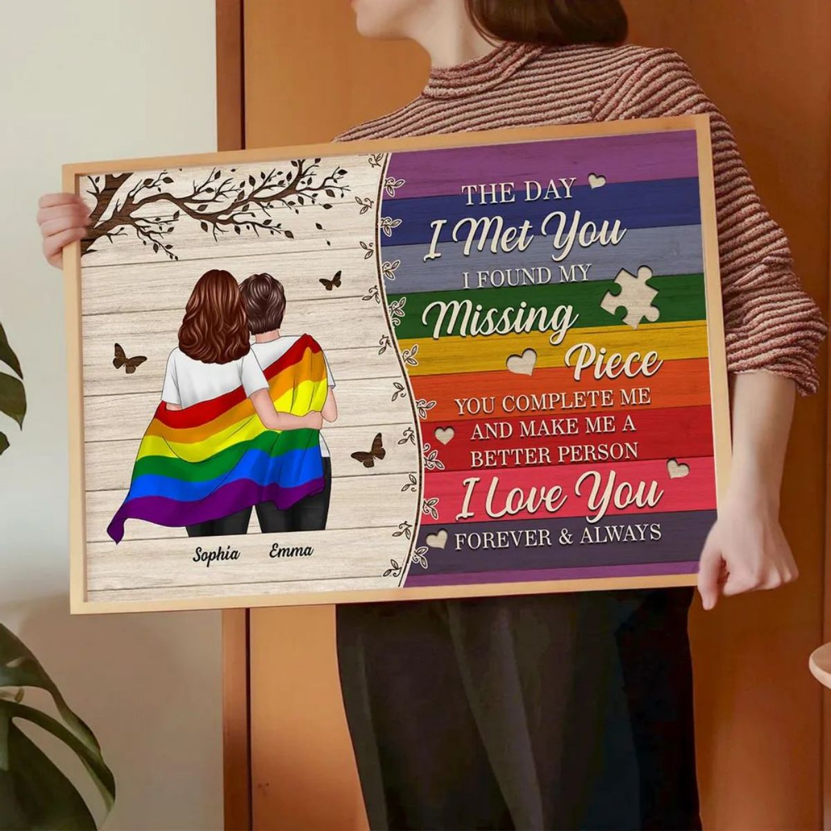 Colorful Wood Pallets The Day I Met You LGBTQ Couple Hugging Flag Personalized Poster, Pride Month Gift