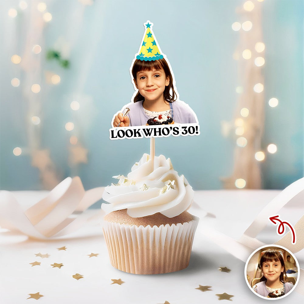 Funny Birthday Party Decor – Custom Retro Childhood Photo Personalized Cupcake Topper