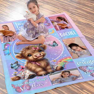 Personalized Floral Highland Cow Butterfly Soft Throw Blanket with Name and Photos