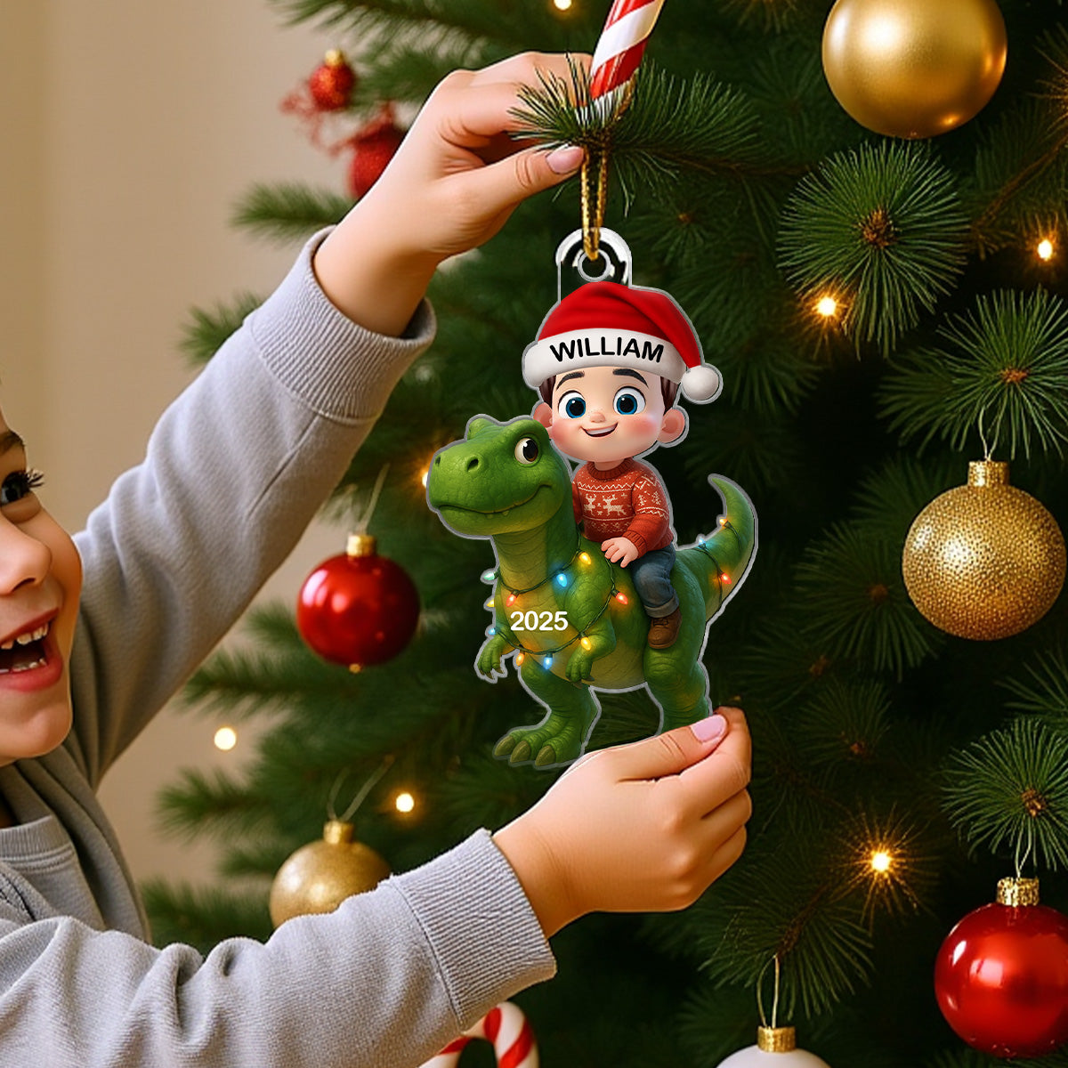 Cute Cartoon Kid With Dinosaur Christmas Personalized Flat Acrylic Ornament, Fun & Unique Gift For Kids, Grandkids
