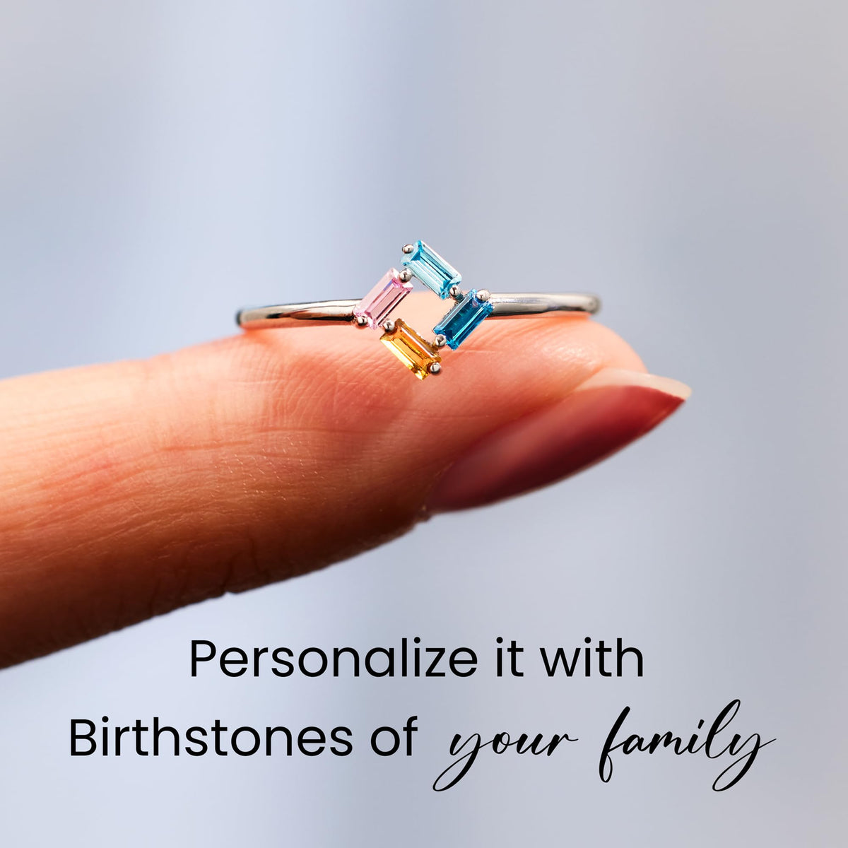 Personalized Baguette Mothers 3-6 Birthstones Family 925 Sliver Ring