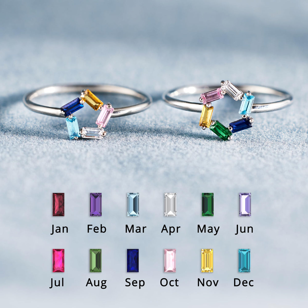 Personalized Baguette Mothers 3-6 Birthstones Family 925 Sliver Ring