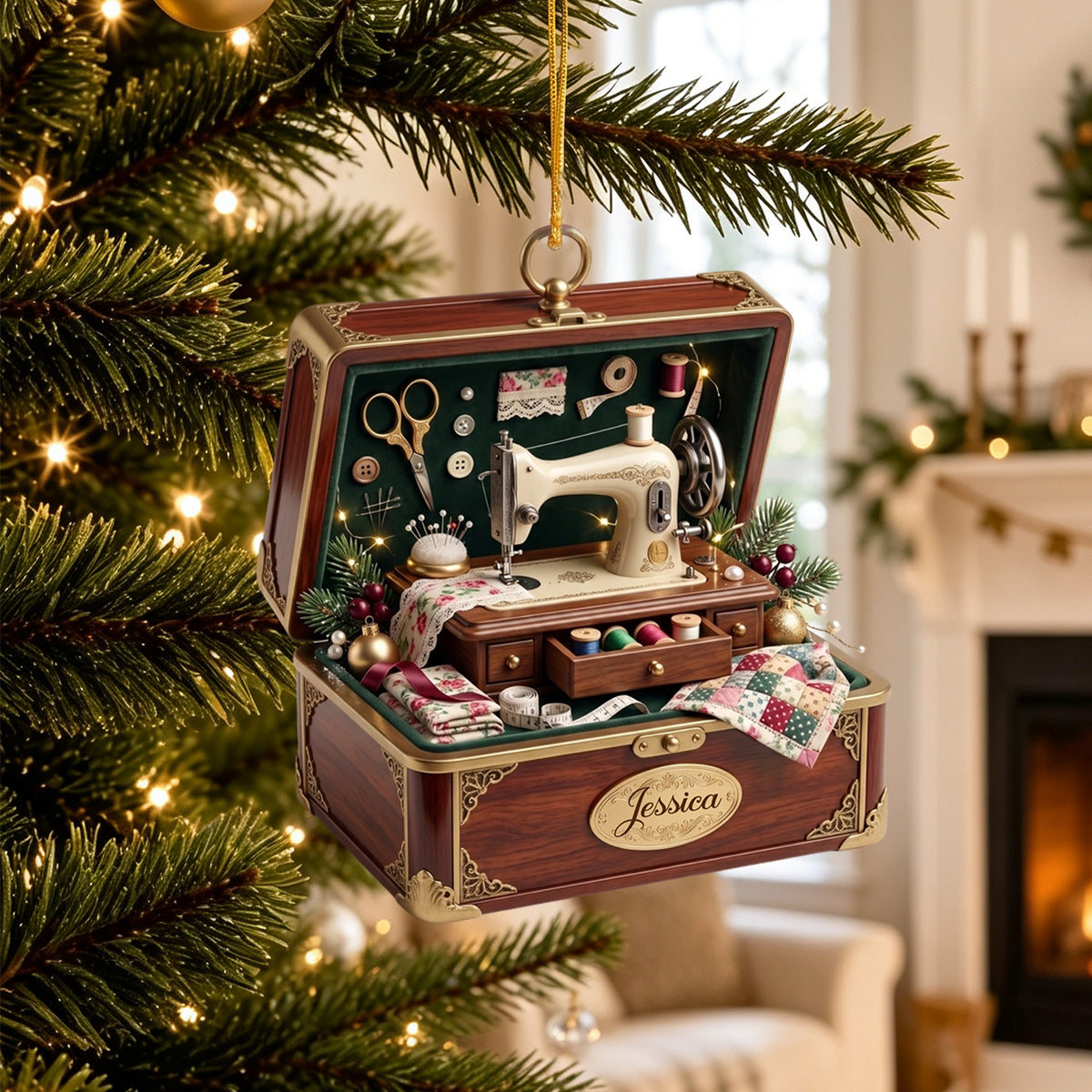 Personalized Jewelry Box Containing a Tiny Nostalgic Sewing Studio Ornament,Christmas Gift Ideas for Sewing Enthusiasts