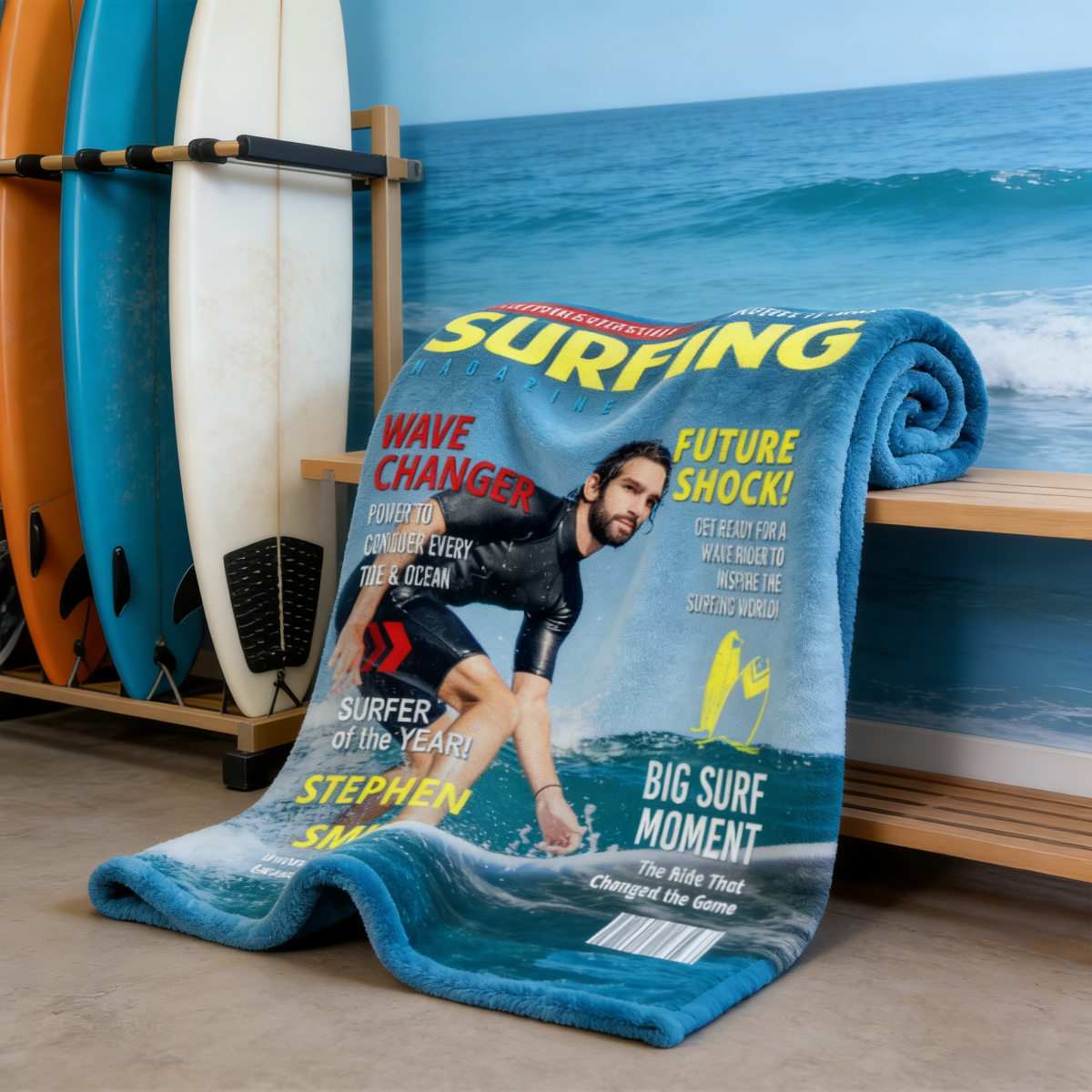 Personalized Surfing Photo Magazine Cover Blanket Gift For Surfers, Surfing Gift For Him