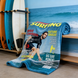 Personalized Surfing Photo Magazine Cover Blanket Gift For Surfers, Surfing Gift For Him