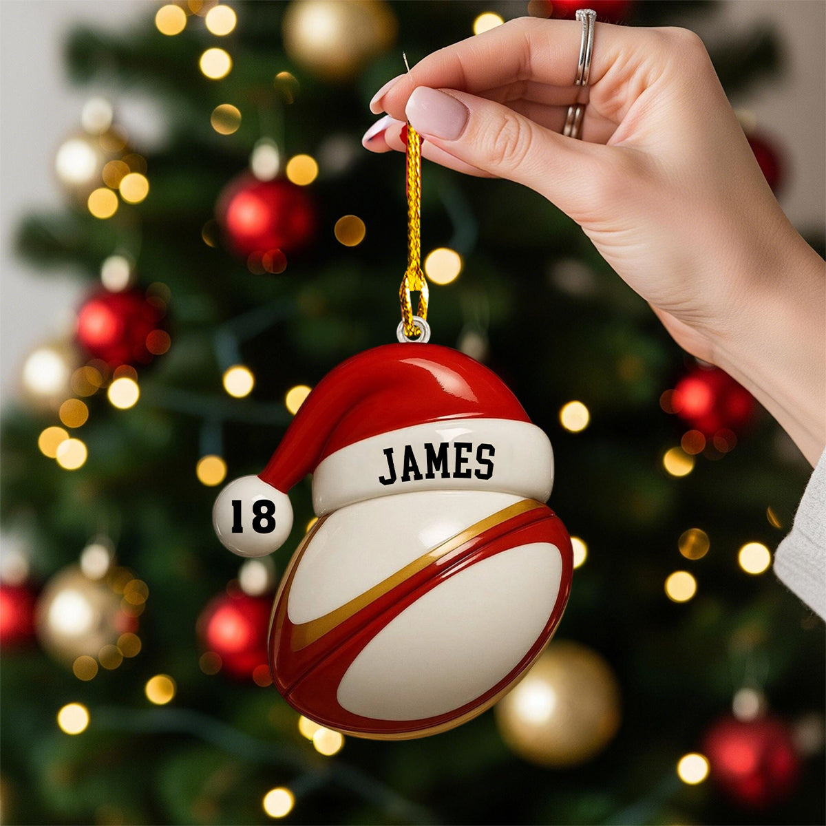 Santa Hat - Personalized Rugby Lacrosse Cricket Boxing Wood Ornament Gift For Sports Fans And Athletes