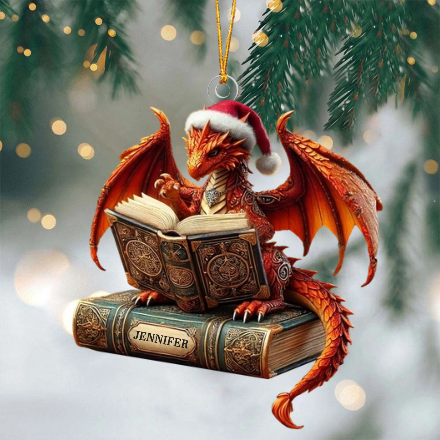 Dragon Reading Book Christmas Ornament, Personalized Ornament