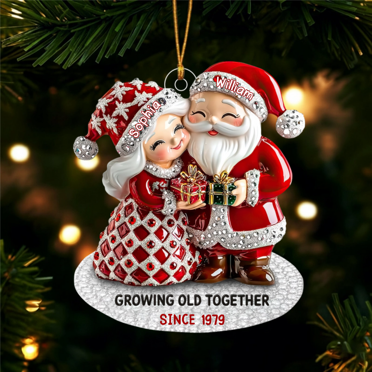 Santa Couple Growing Old Together With Christmas Gift, Custom Name Ornament, Personalized Gift For Couples And Spouses