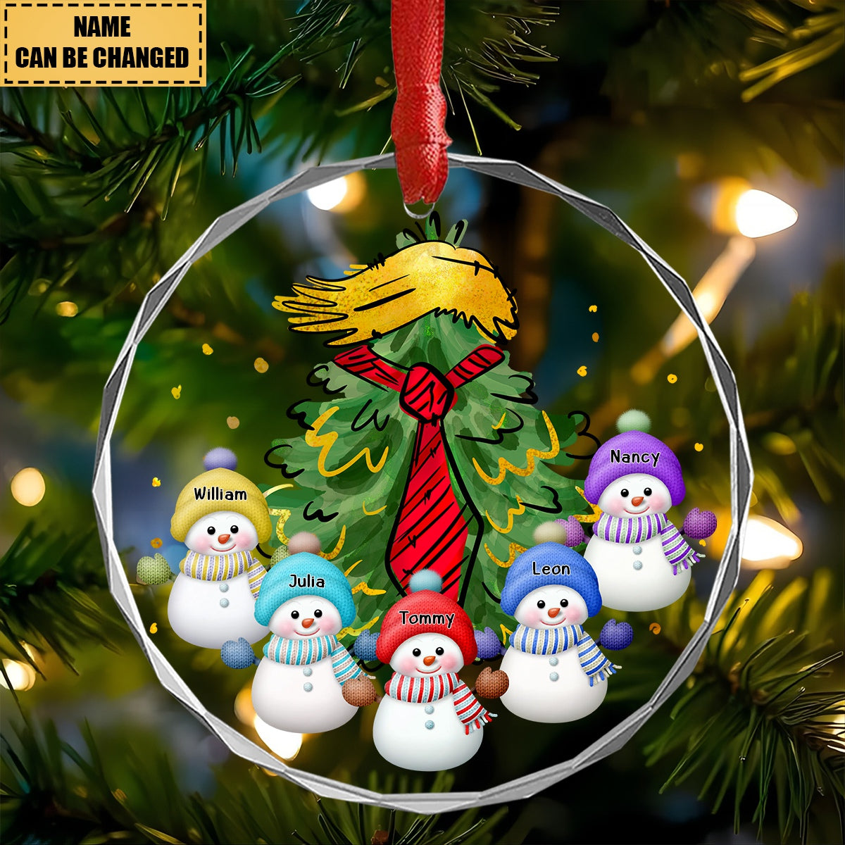 Personalized Little Snowman And Red Tie Christmas Tree Glass Ornament