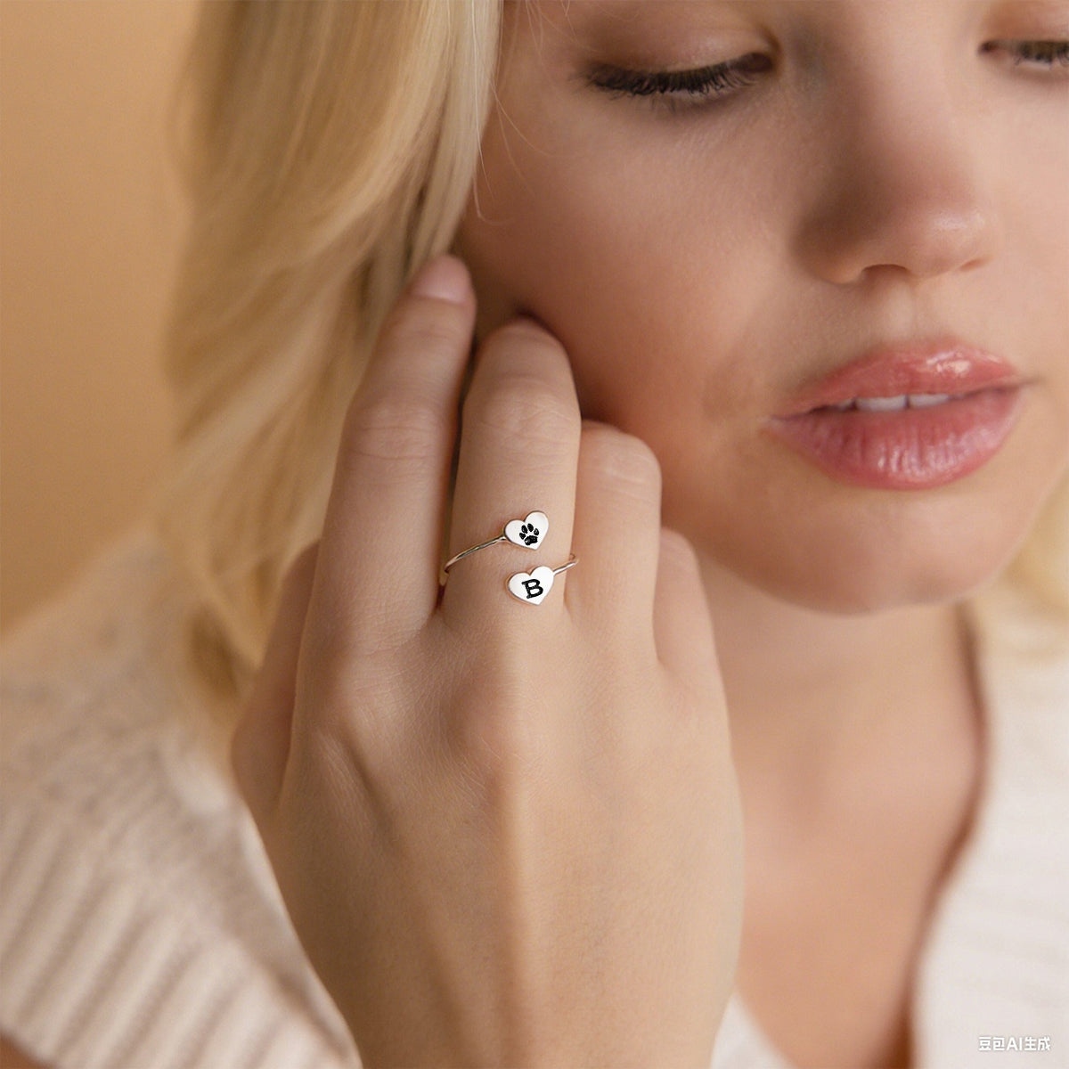 Personalized Double Heart Paw Fingerprint Ring Pet Lover Jewelry Gift