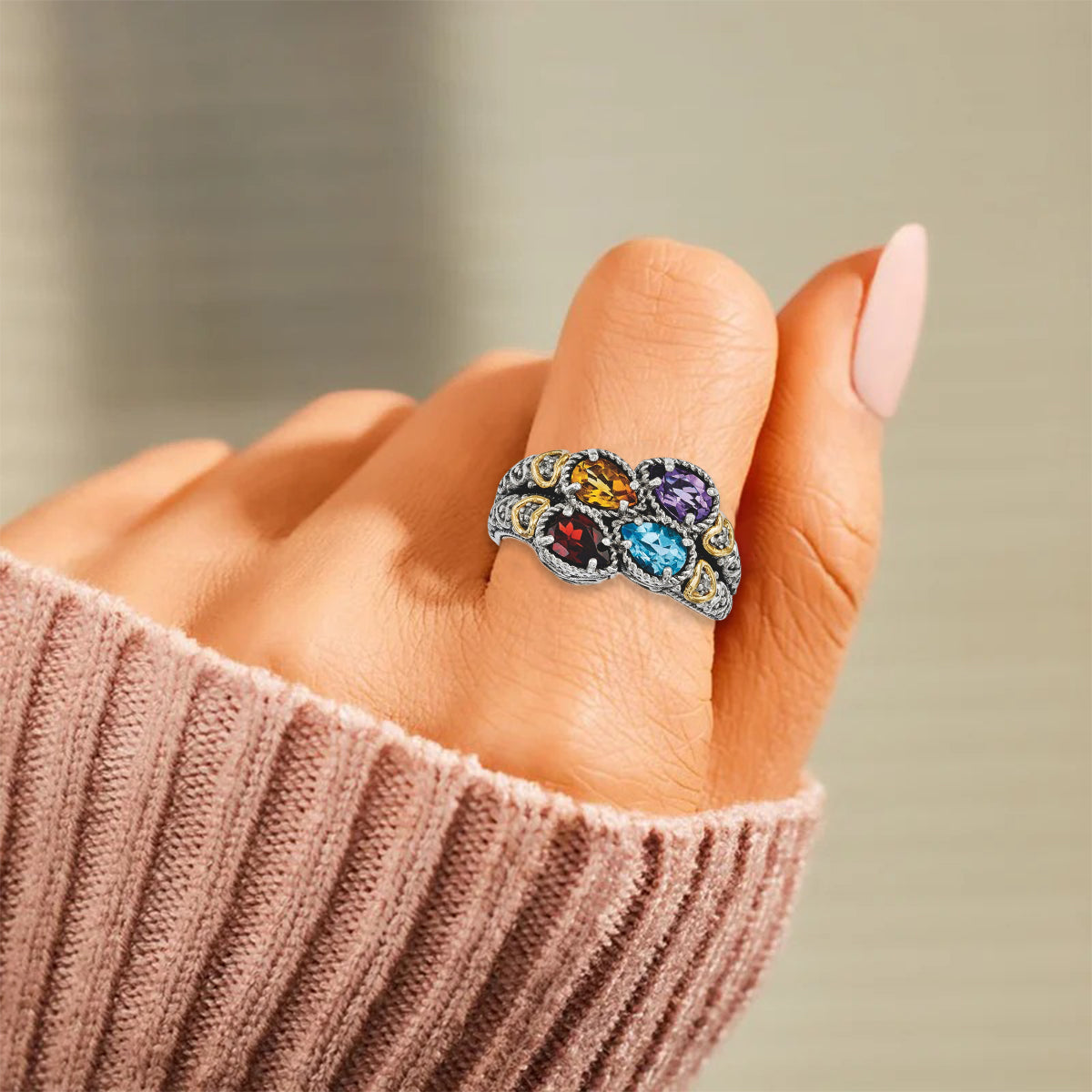 Personalized Family Cluster Mother's Birthstone Antiqued Ring 2 - 5 Stones