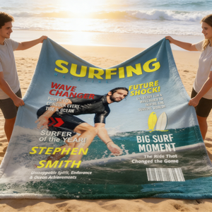 Personalized Surfing Photo Magazine Cover Blanket Gift For Surfers, Surfing Gift For Him