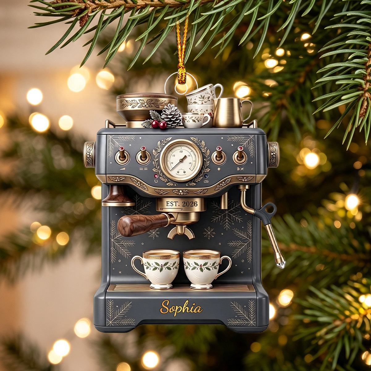 Personalized Espresso Machine Christmas Ornament, Vintage Coffee Lover Gift, Barista Decor