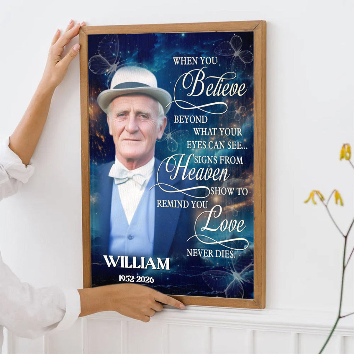Personalized Memorial Canvas Poster - Believe in Heaven, Love Never Dies