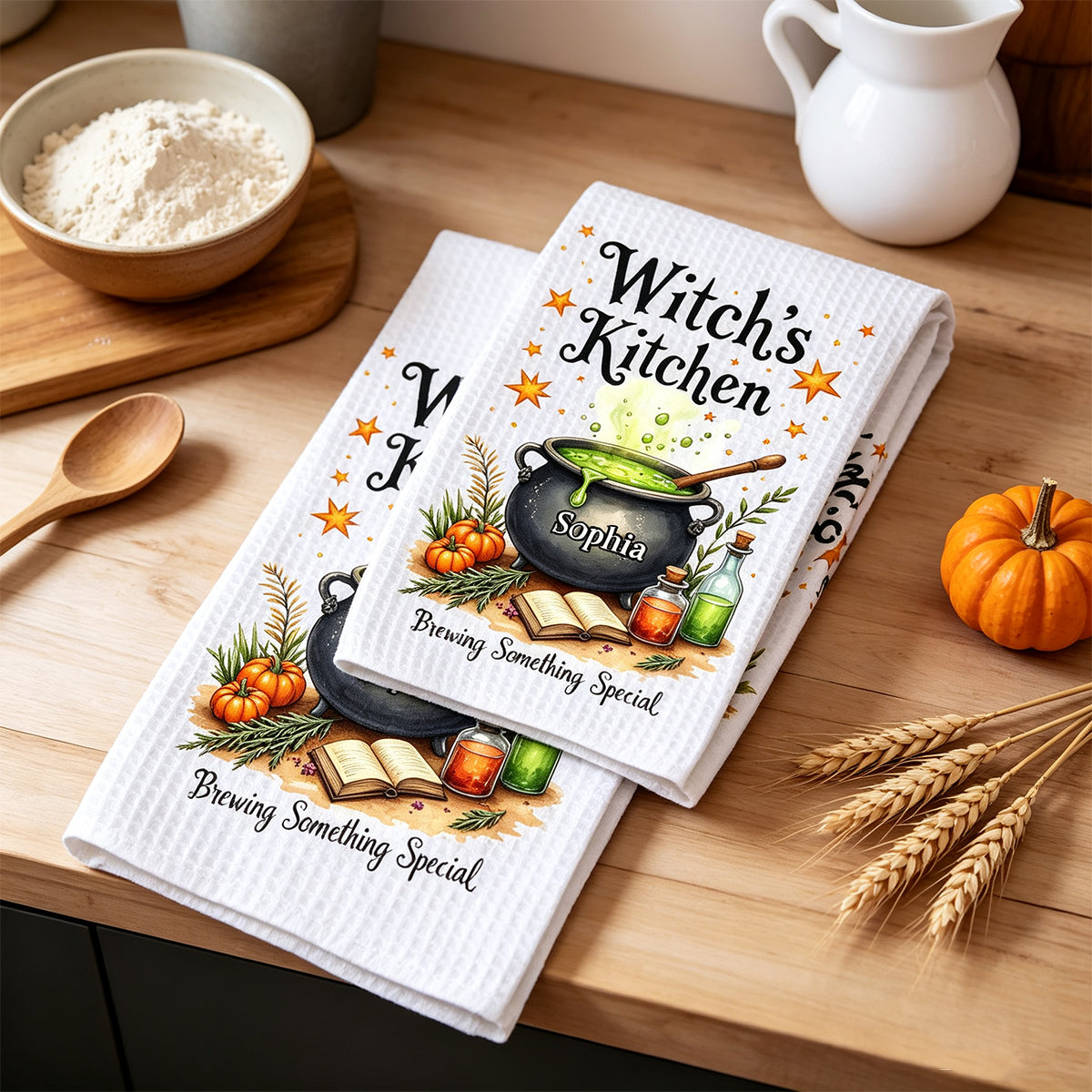 Personalized "Witch's Kitchen" Halloween Kitchen Towel – Brewing Something Special | Fall Witch Decor & Spooky Cauldron Tea Towel