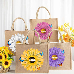 Personalized Grandma/Mom With Kids Name Flower Jute Tote Bag