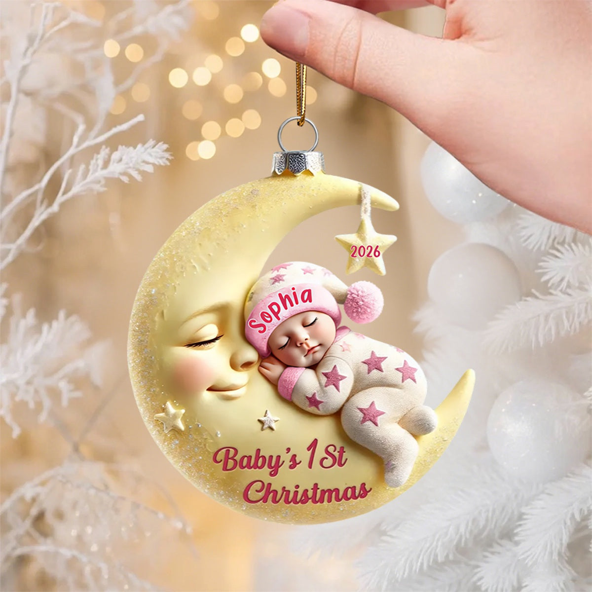 Baby On Moon First Christmas Star Personalized Acrylic Ornament