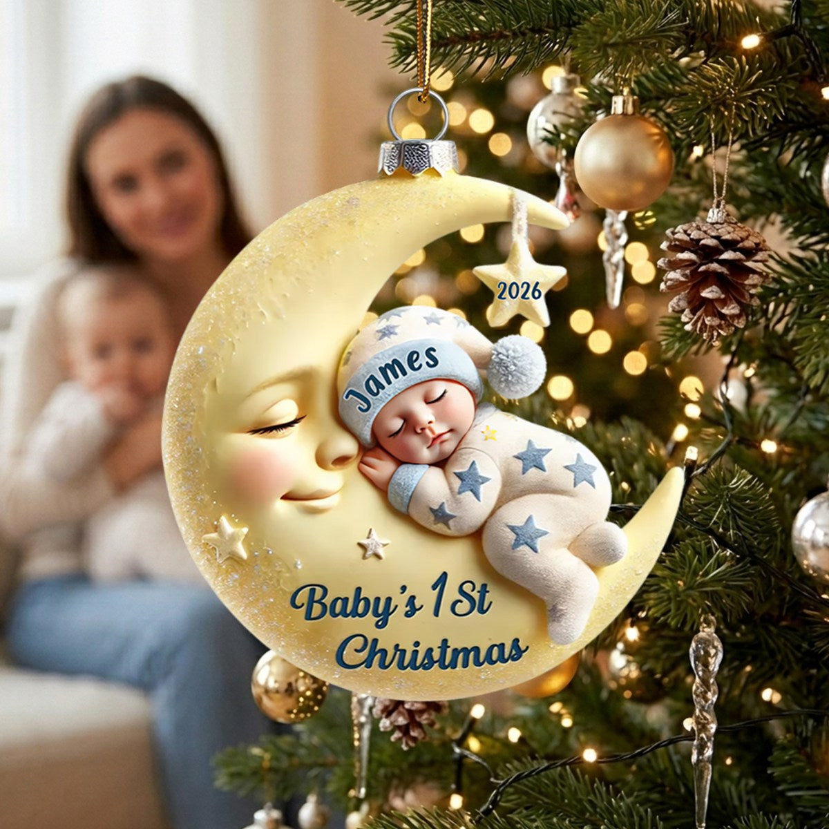 Baby On Moon First Christmas Star Personalized Acrylic Ornament