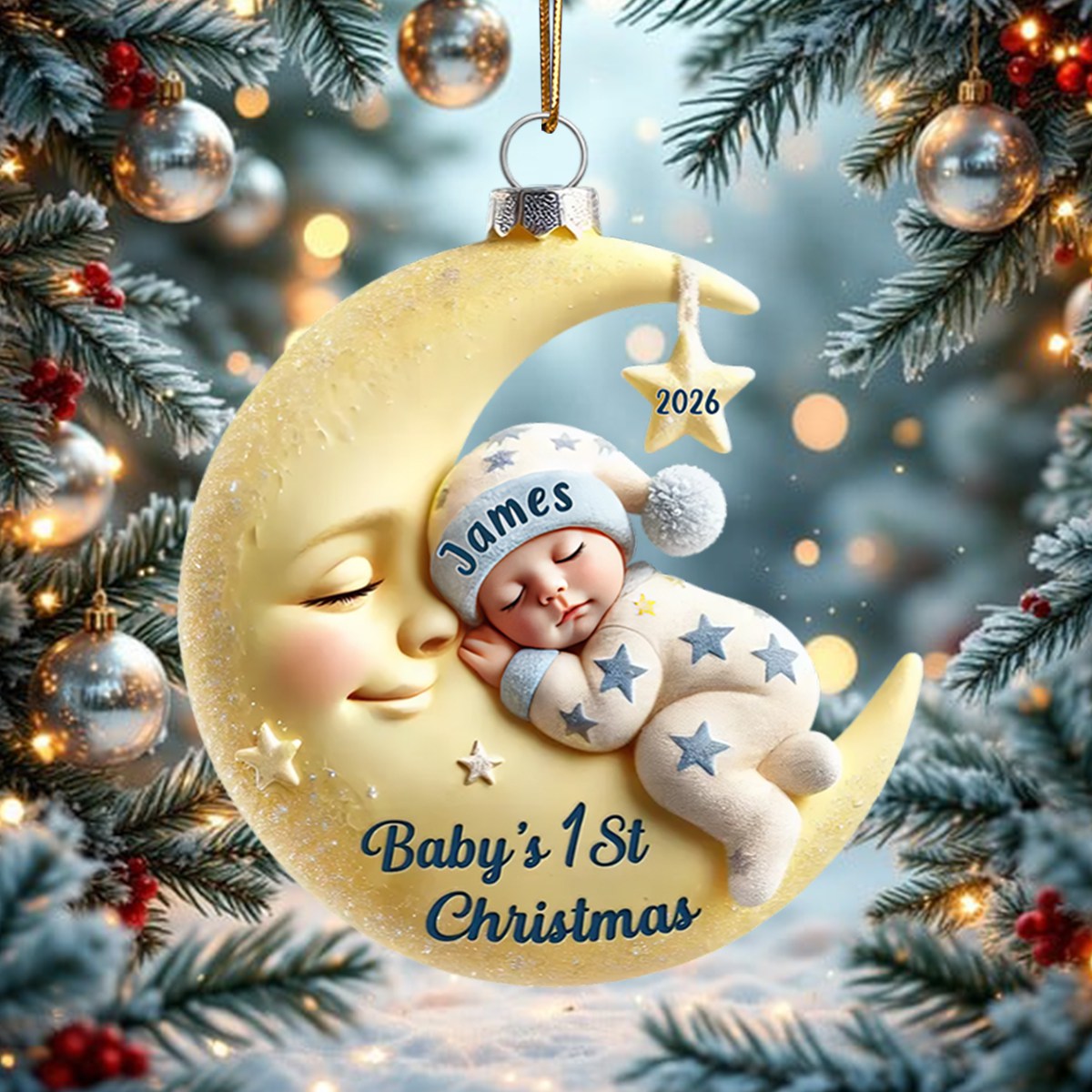Baby On Moon First Christmas Star Personalized Acrylic Ornament