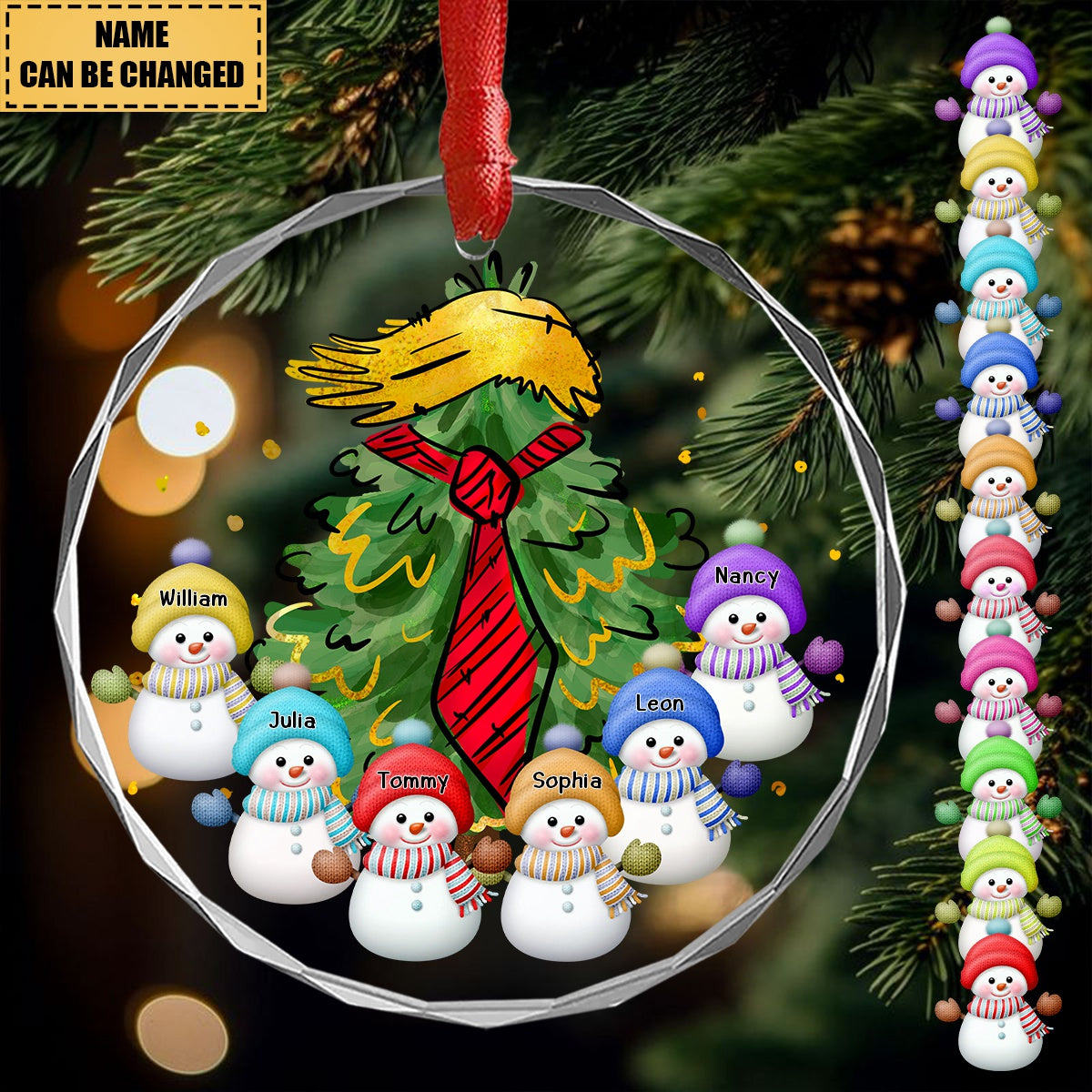 Personalized Little Snowman And Red Tie Christmas Tree Glass Ornament