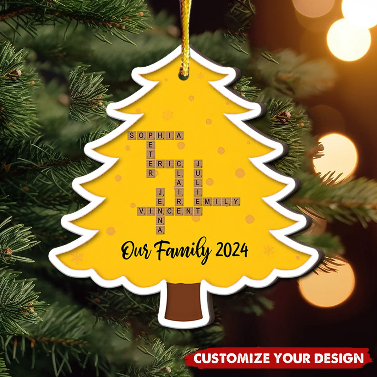 Personalized Family Name Crossword Christmas Tree 2-Layer Wooden Ornament