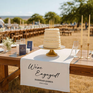We’re Engaged - Personalized Wedding Table Runner, Rustic Cake Table Decoration Sign Gift