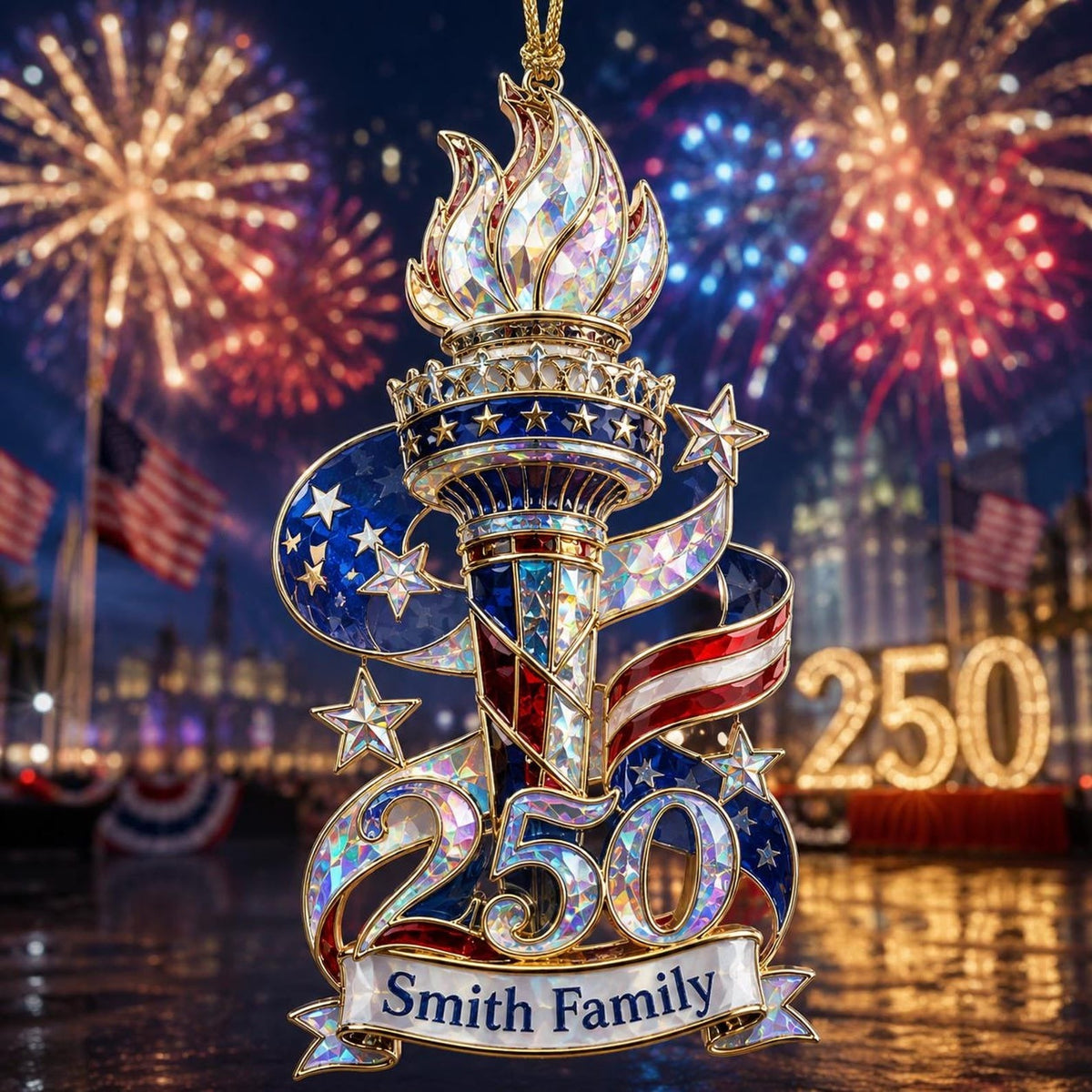 Personalized America 250th Liberty Torch Independence Celebration Hologram Acrylic Ornament