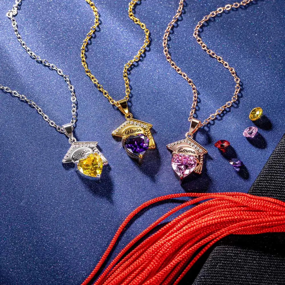 Engraved Name Personalized Bachelor Hat Heart Shaped Birthstone Graduation Necklace