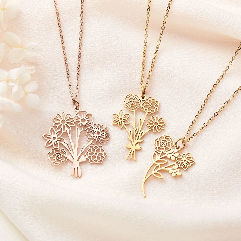 Personalized Birth Flower Bouquet Necklace Gift For Family, Friend