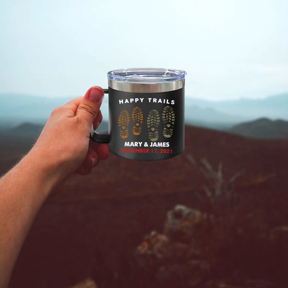 Happy Trails Adventure Awaits Hiking Camping Couple Gift - Personalized 14oz Stainless Steel Tumbler With Handle