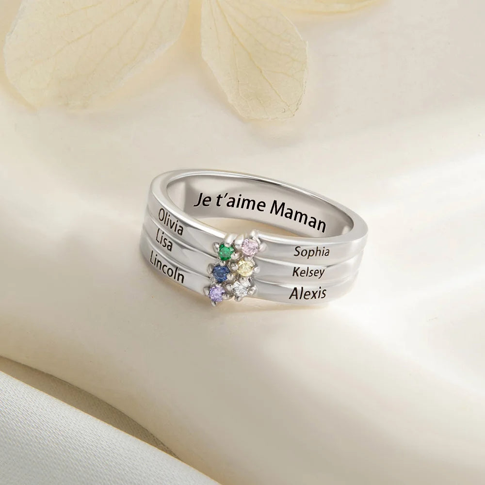 Family Birthstone Personalized 1-8 Names Engraving Ring, Mothers Ring