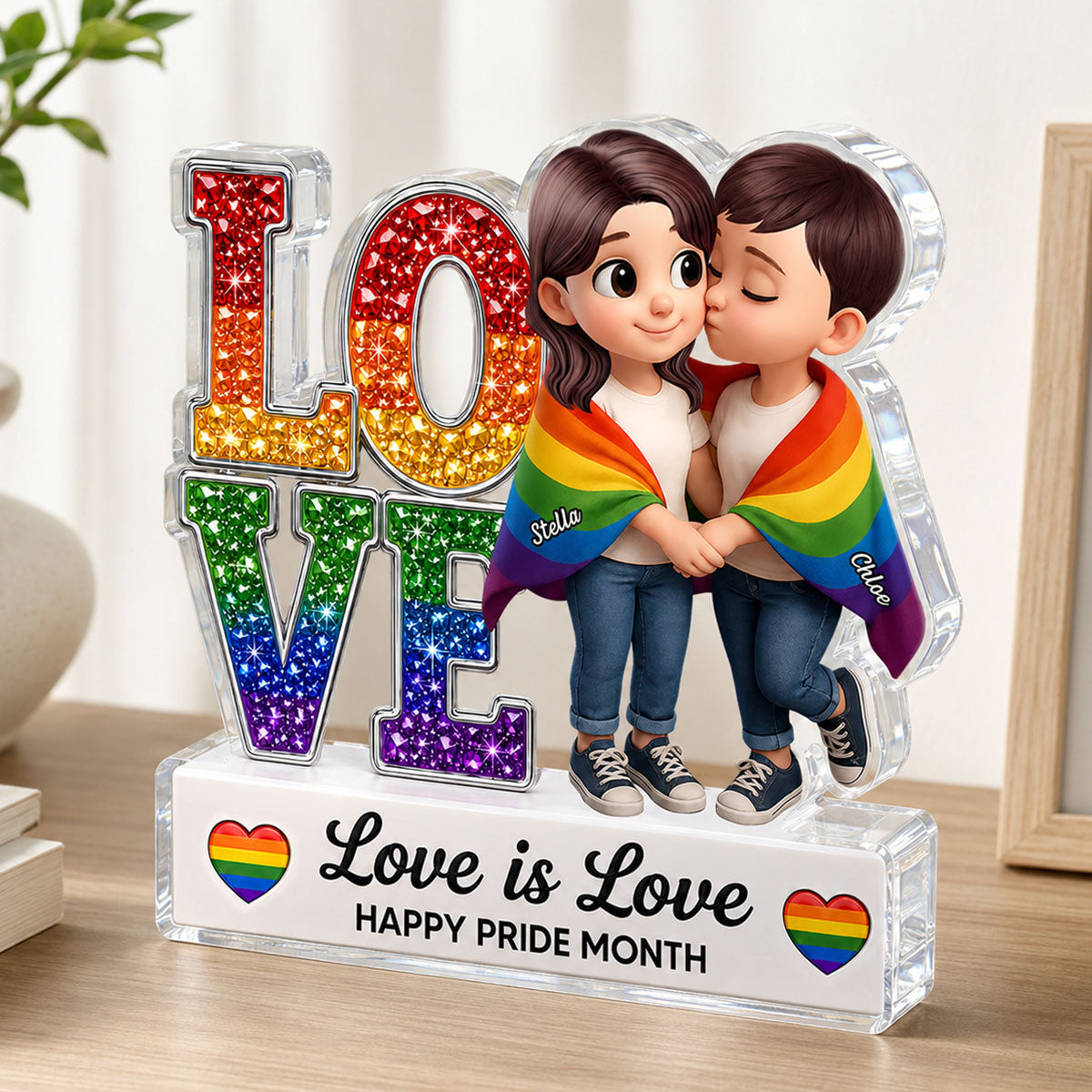 Pride Month Gift for LGBTQ+ Couple – Personalized "Love Is Love" Acrylic Block Plaque