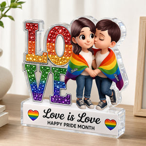 Pride Month Gift for LGBTQ+ Couple – Personalized "Love Is Love" Acrylic Block Plaque