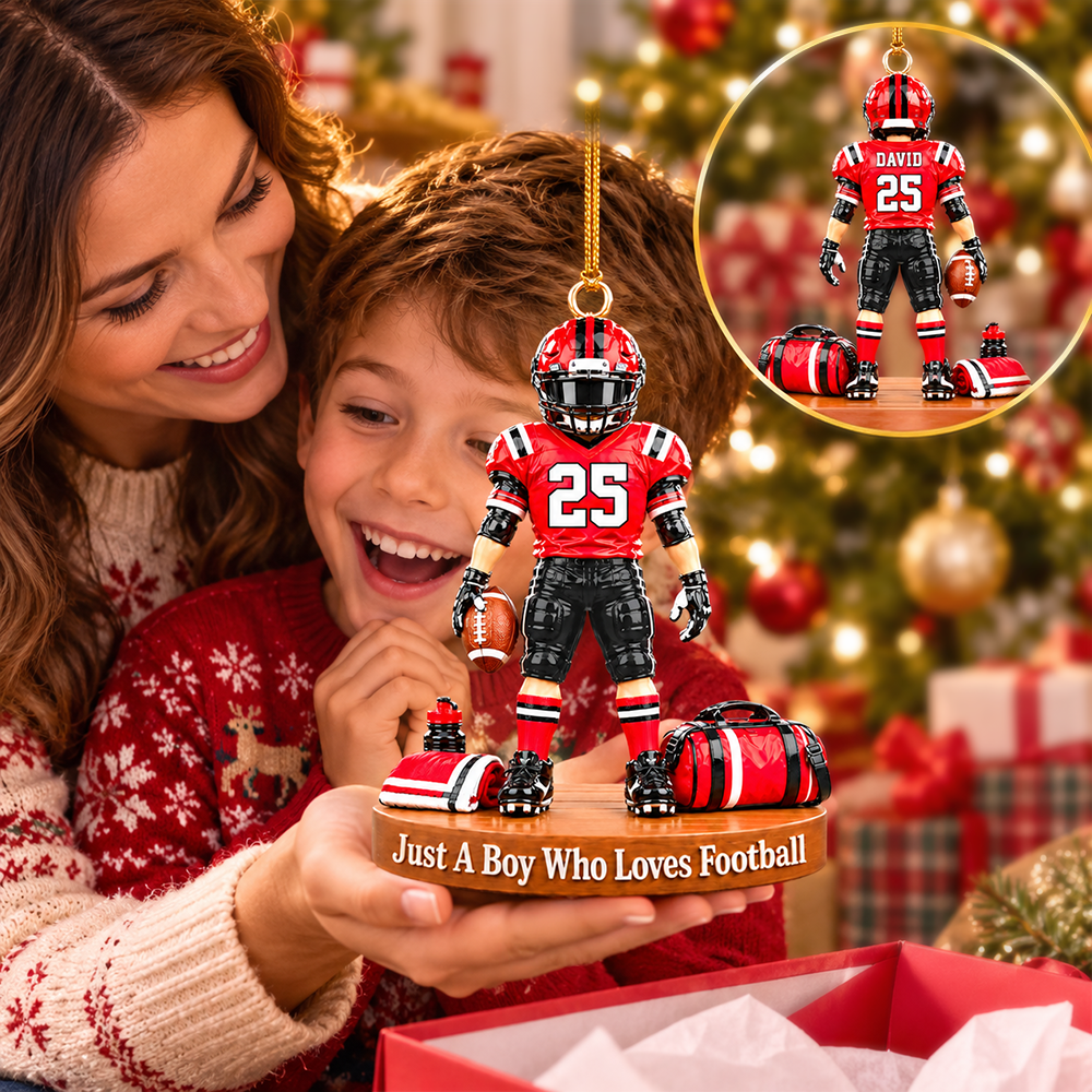 Just A Boy Who Loves Football – Personalized Christmas Ornament | Custom Name, Jersey Number & Uniform Colors | Gift For Football Players