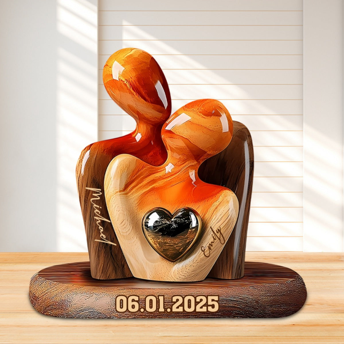 Personalized Elegant Couple Statue with Heart Inlay Custom Shaped Acrylic Plaque