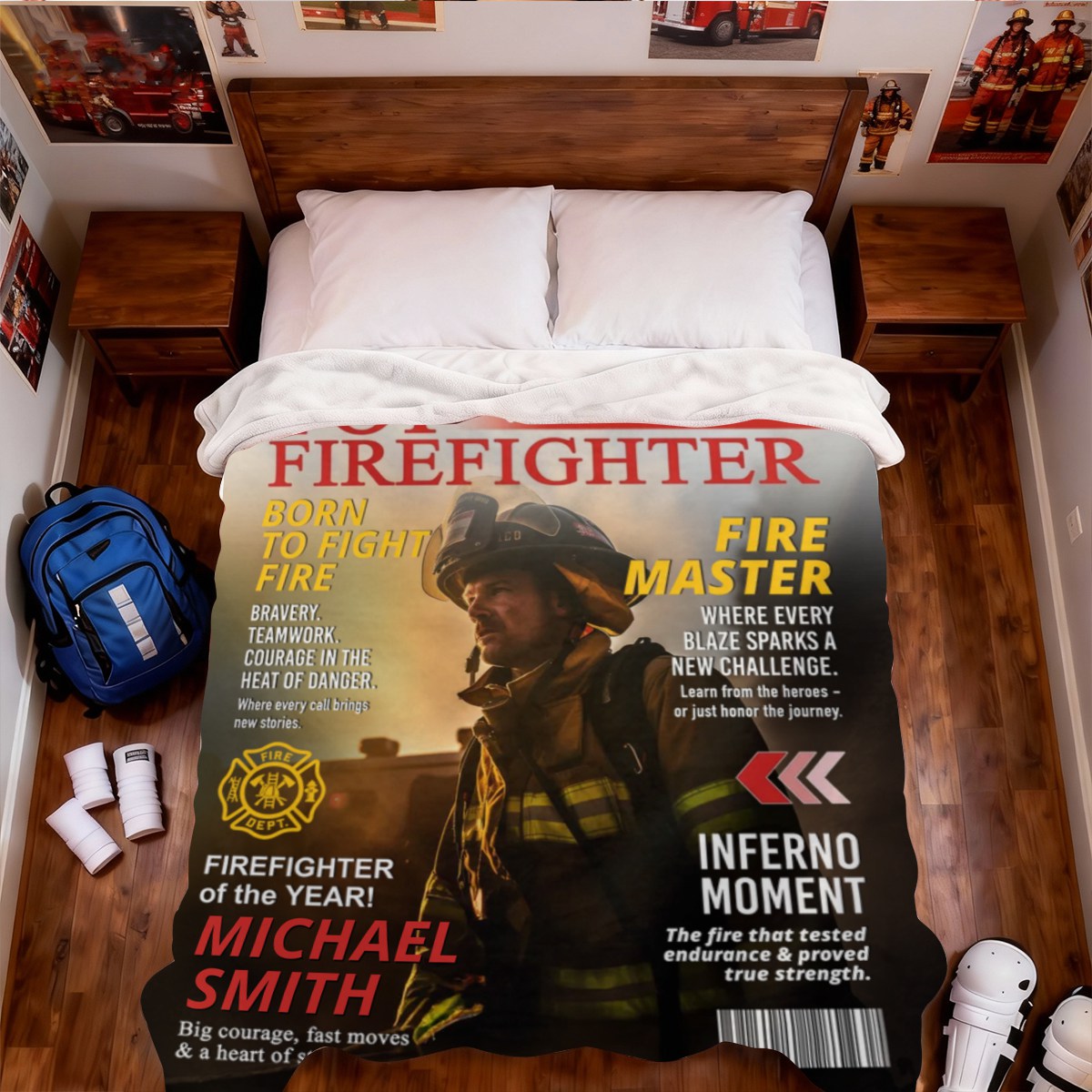 Personalized Firefighter Magazine Cover Blanket , Fireman Retirement Gift, Firefighter of the Year Award, Firefighter Appreciation Gift
