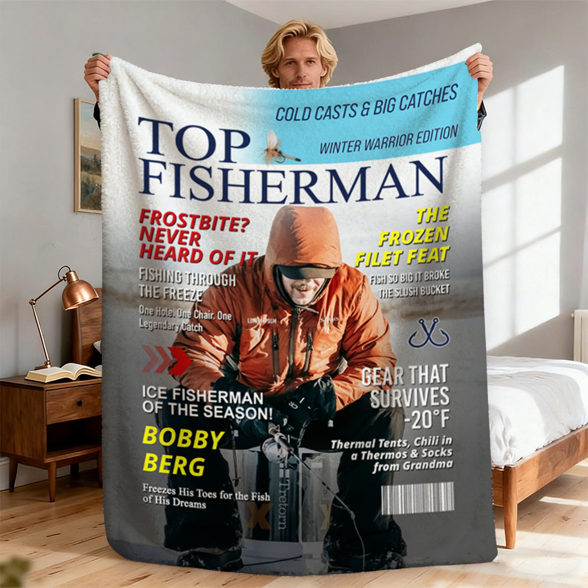 Personalized Ice Fishing Magazine Cover Blanket  Fishing Gifts for Men, Fishing Gifts for Him, Fishing Lover Gift