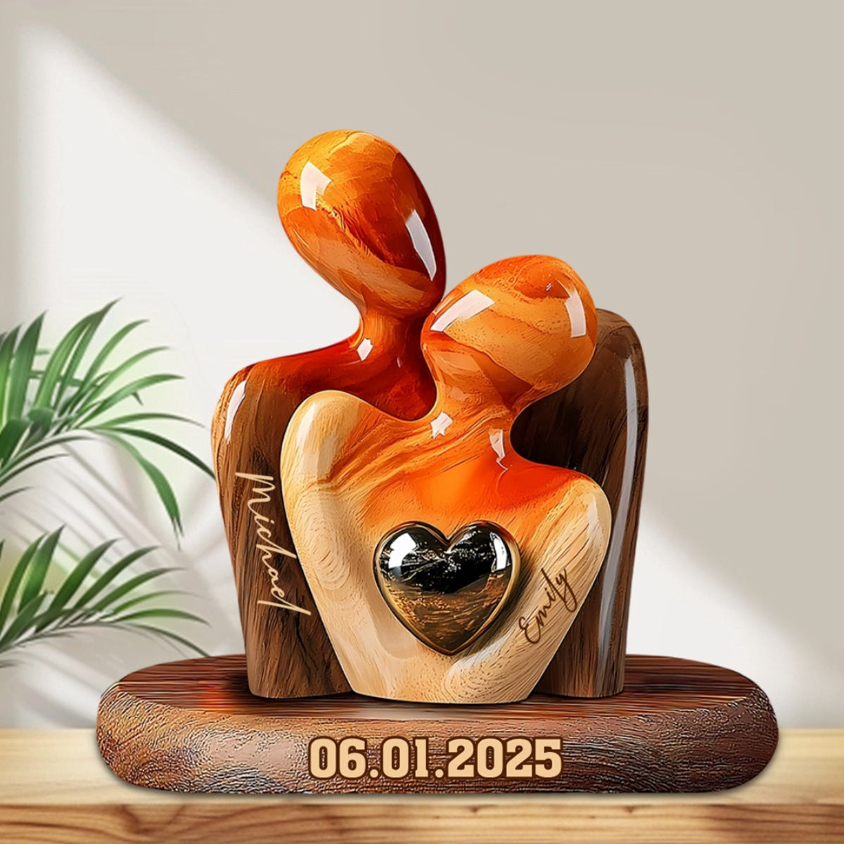 Personalized Elegant Couple Statue with Heart Inlay Custom Shaped Acrylic Plaque
