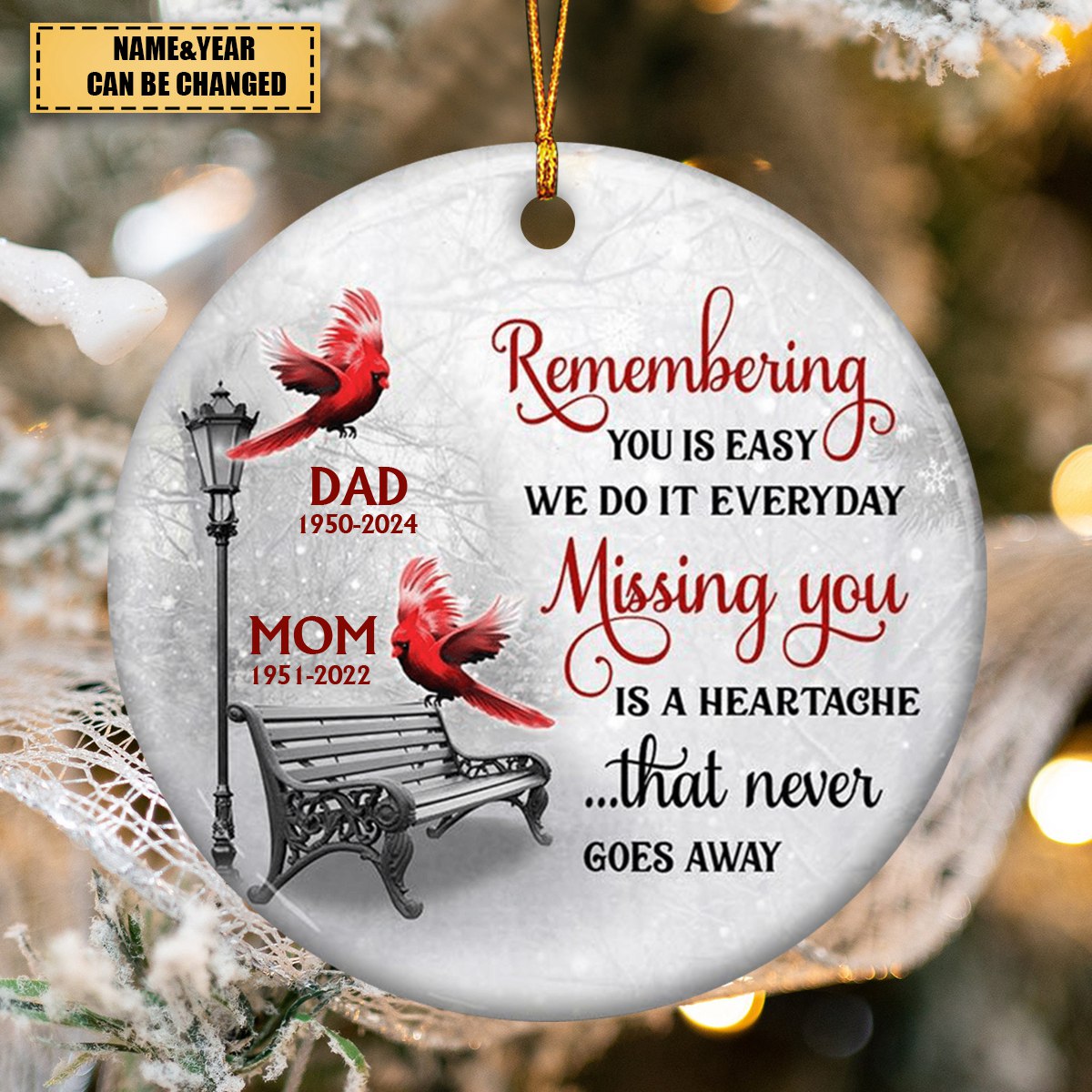 Cardinals Winter Memorial Personalized Circle Ornament