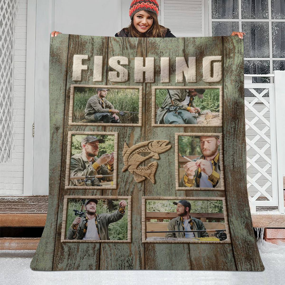 Personalized Fisherman Fishing Photo Collage Blanket, Fishing Gifts For Men