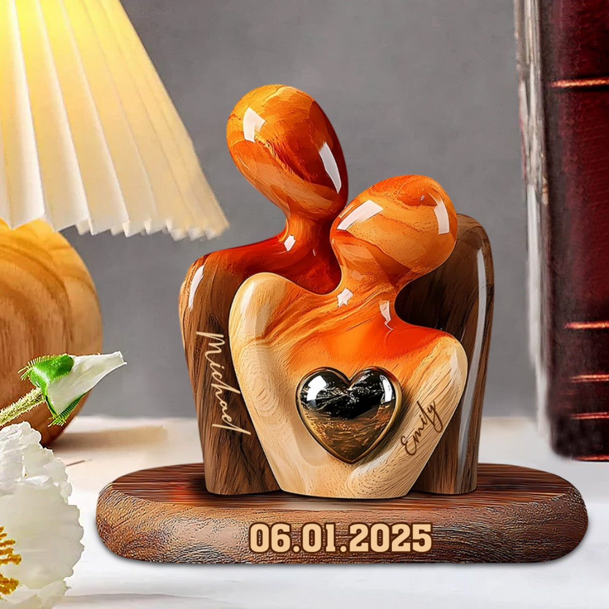 Personalized Elegant Couple Statue with Heart Inlay Custom Shaped Acrylic Plaque