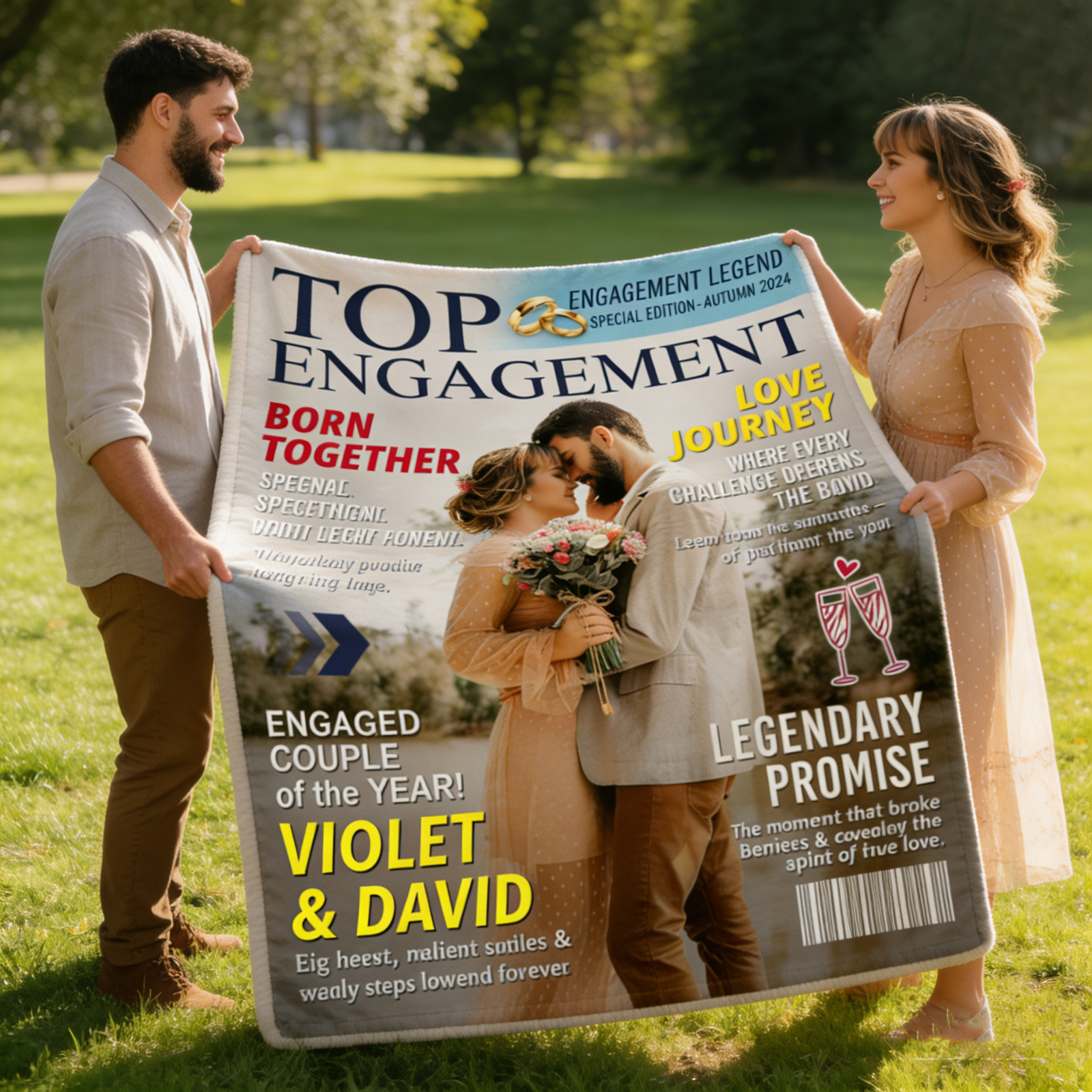 Personalized Custom Couple Photo Engagement Magazine Cover Blanket, Wedding Keepsake